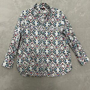 John Mark Button Front Linen Shirt Wire Collar Colorful Art Pockets Womens Large